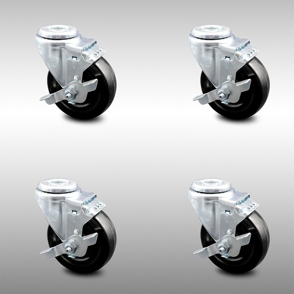 4 Inch SS Hard Rubber Wheel Swivel Bolt Hole Caster Set with Brake SCC